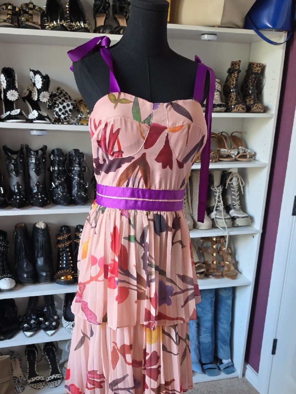 L'ATISTE Pink Floral Tiered Maxi Dress with Purple Trim - Picture 4 of 5